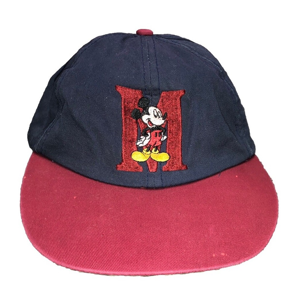 Vintage 90s WALT DISNEY MICKEY MOUSE LOGO Womens Hat Cap Navy Red *spots